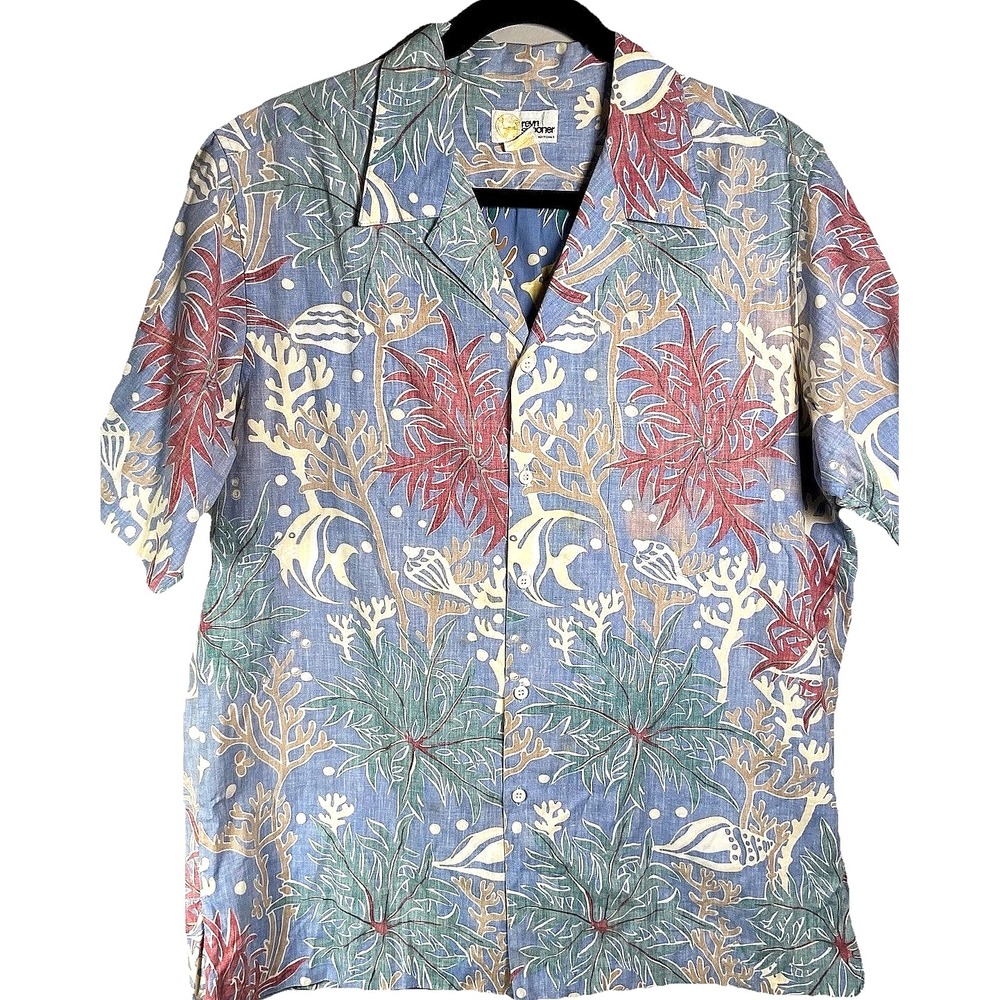Vintage Reyn Spooner Hawaiian Shirt Mens L 60s Wahine Reverse Print Coral Aloha